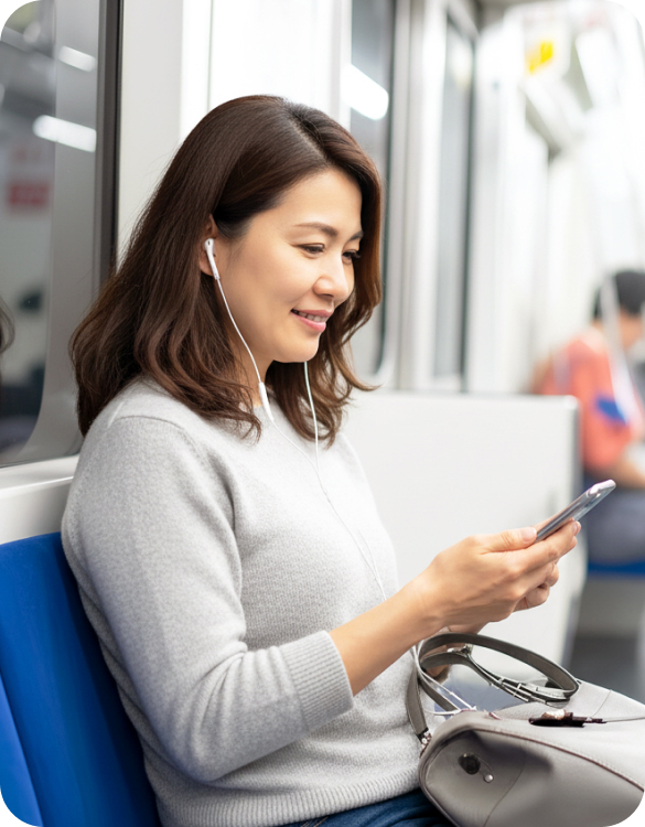 電車でスマホ学習する女性